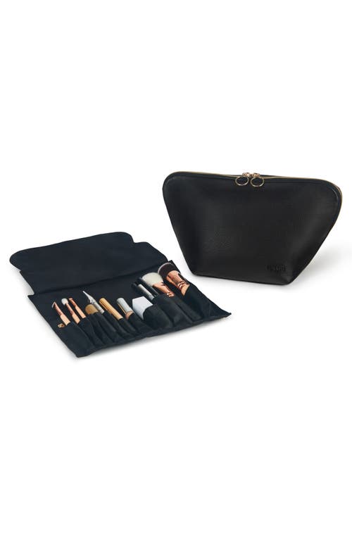 KUSSHI Vacationer Leather Makeup Brush Organizer in Black Leather/Red