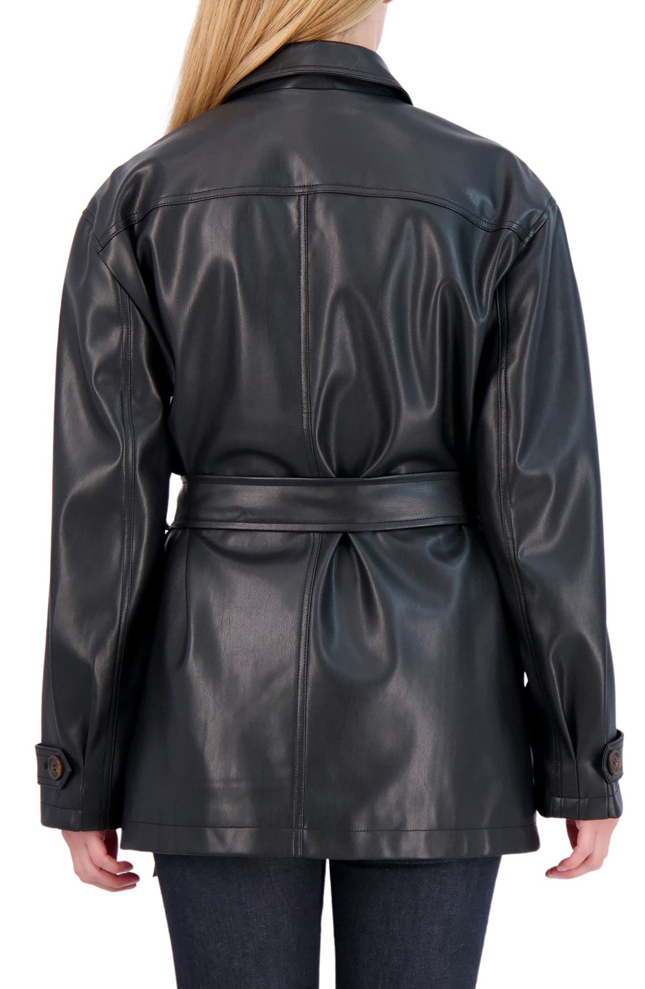 black leather tie waist jacket