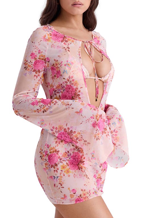 House Of Cb Oceana-a Sheer Long Sleeve Cover-up Minidress In Floral Print