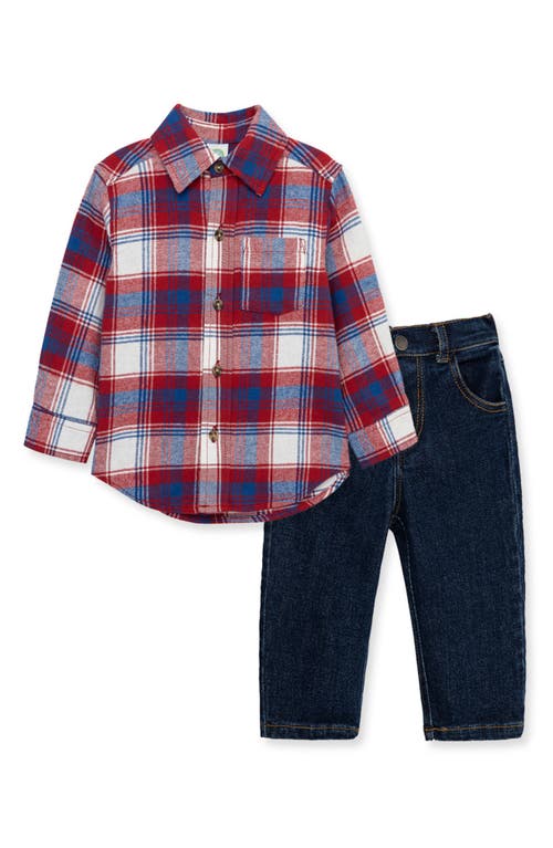 Little Me Plaid Button-Up Shirt & Jeans Set Blue at Nordstrom,