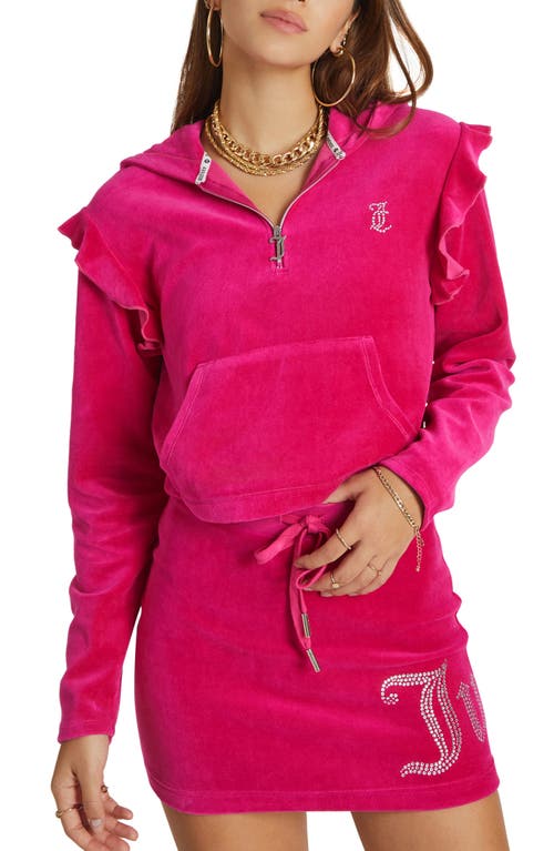 Juicy Couture Crop Ruffle Velour Quarter Zip Hoodie in Free Love at Nordstrom, Size Small
