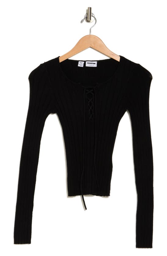 Shop Noisy May Freya Lace-up String Long Sleeve Knit Top In Black