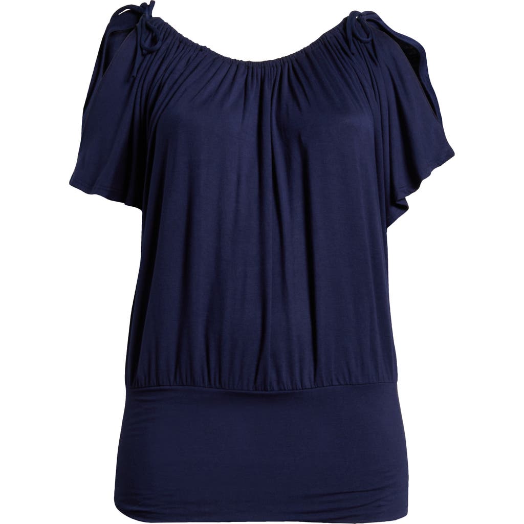 24seven Comfort Apparel Solid Color Short Sleeve Split Shoulder Top In Navy