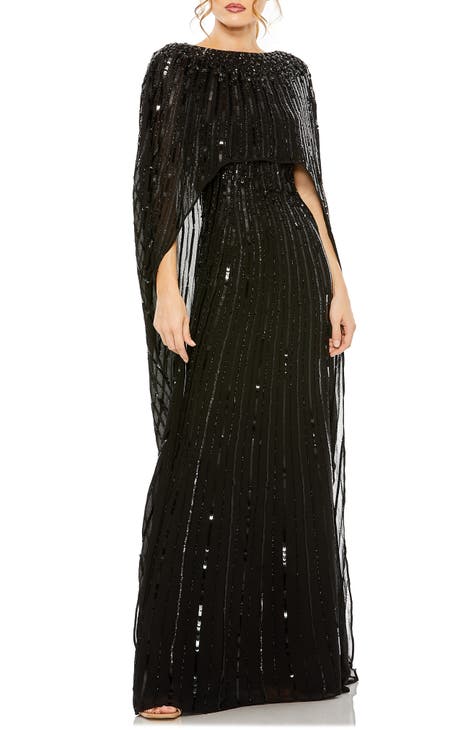 Sequin Embellished Long Sleeve Capelet Column Gown