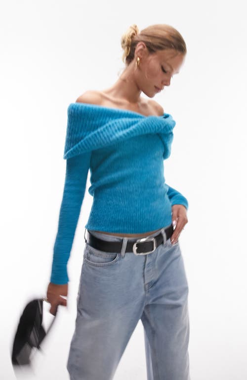 Topshop Chunky Off the Shoulder Sweater Mid Blue at Nordstrom,