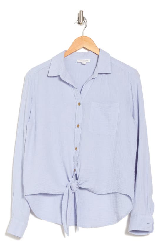 Beachlunchlounge Long Sleeve Tie Hem Cotton Gauze Button-up Shirt In Sail Blue