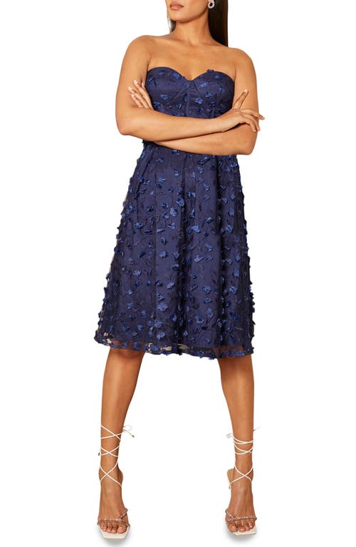 Chi Chi London Bandeau 3D Floral Midi Dress in Navy