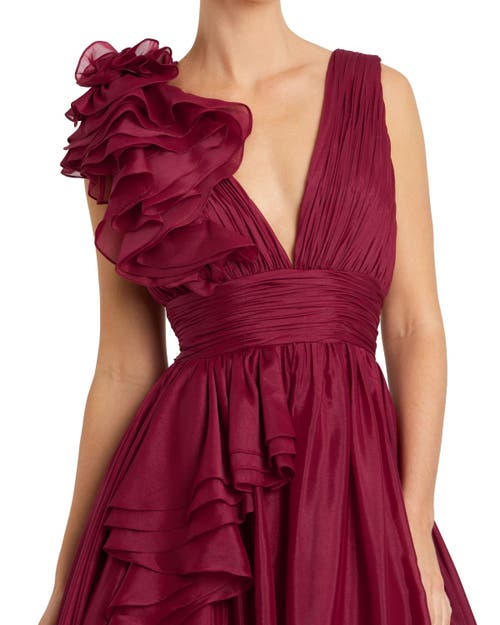 Mac Duggal Ruffle Shoulder V-neck Chiffon Gown In Wine