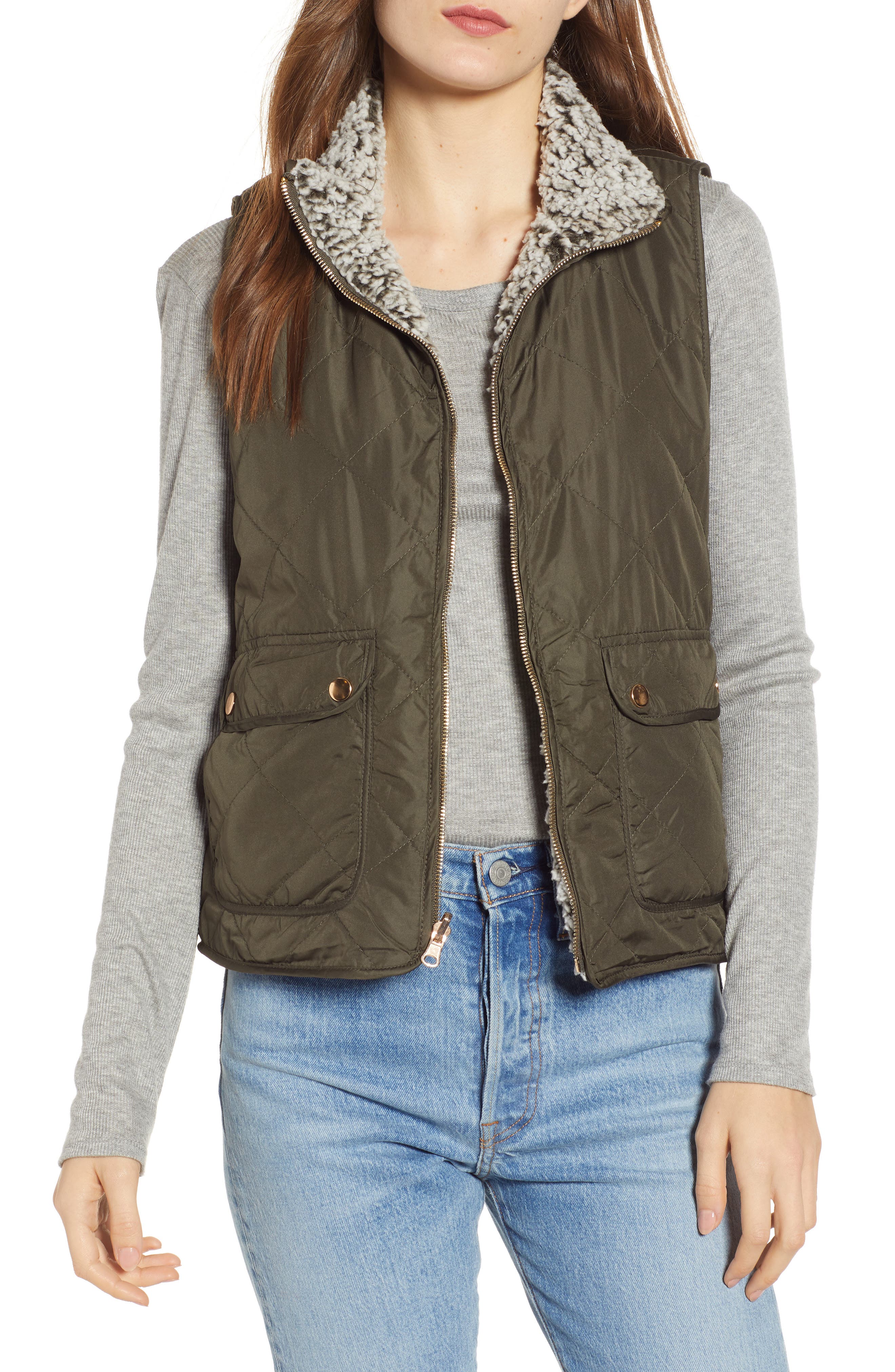 Thread & Supply Reversible Fleece Lined Quilted Vest, Green