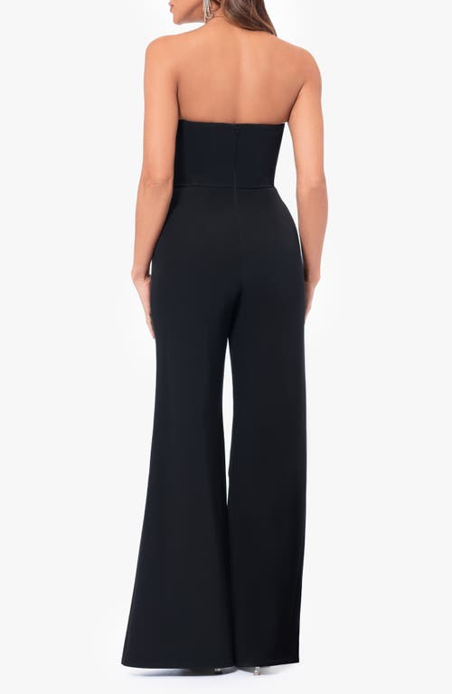 BETSY & ADAM BETSY & ADAM RHINESTONE FLOWER APPLIQUÉ STRAPLESS WIDE LEG JUMPSUIT 