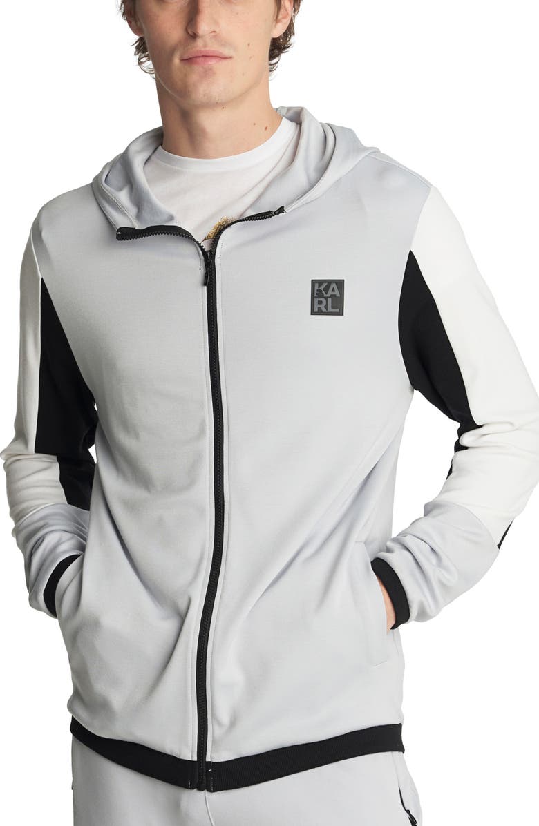 KARL LAGERFELD PARIS Colorblock Zip-Up Hooded Jacket, Main, color, LIGHT GREY