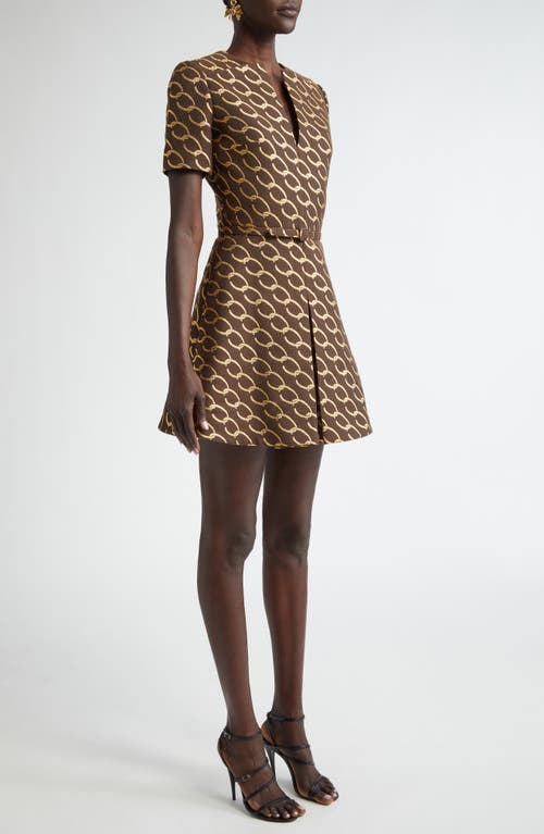 Shop Oscar De La Renta Chain Sparkle Belted Jacquard Fit & Flare Dress In Cafe/gold