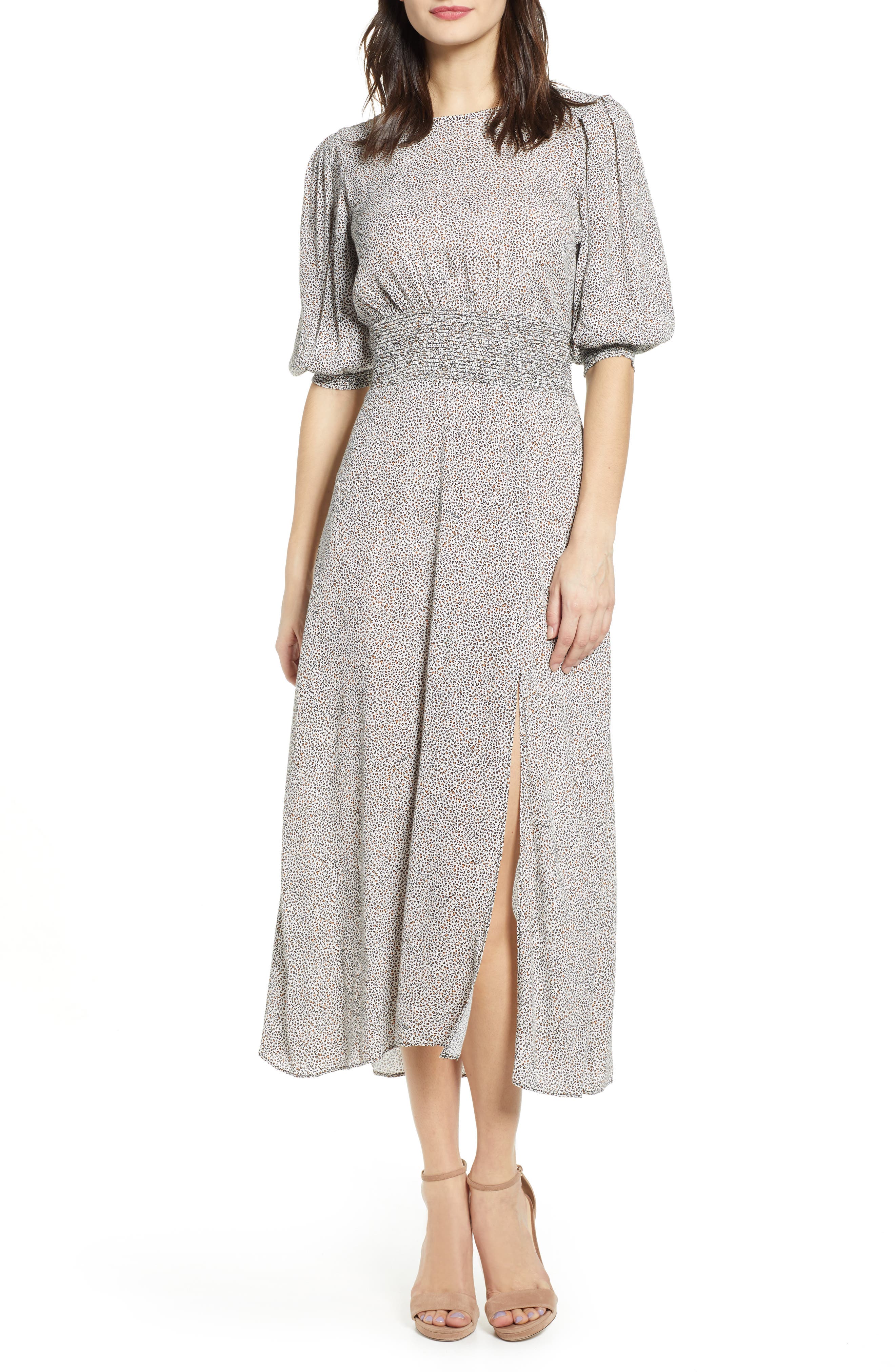 Afrm Print Smocked Waist Midi Dress, Black