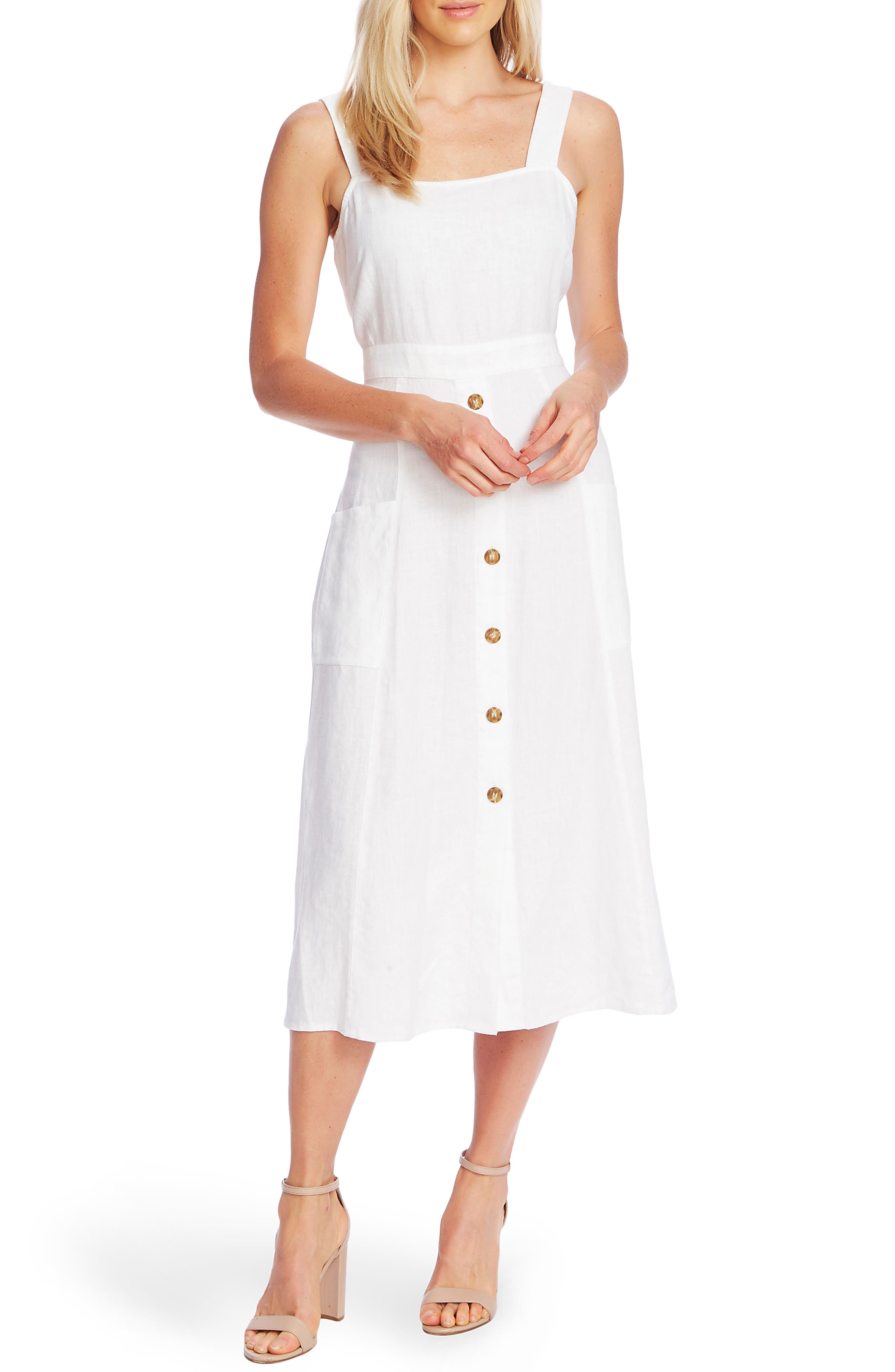 white sleeveless linen dress