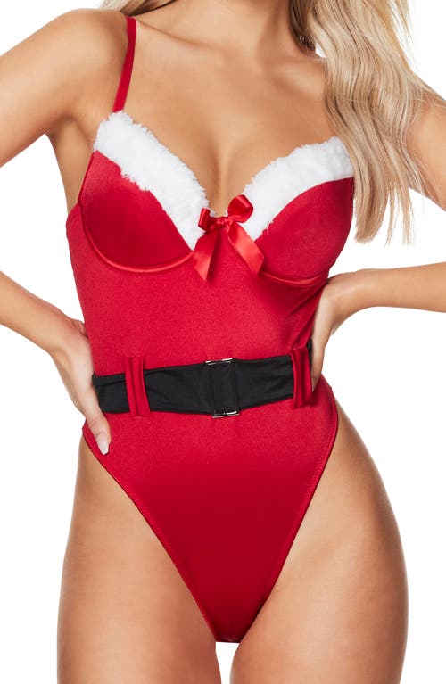 Shop Oh La La Cheri Holiday Vixen Underwire Satin & Faux Fur Bodysuit In Red/bright White