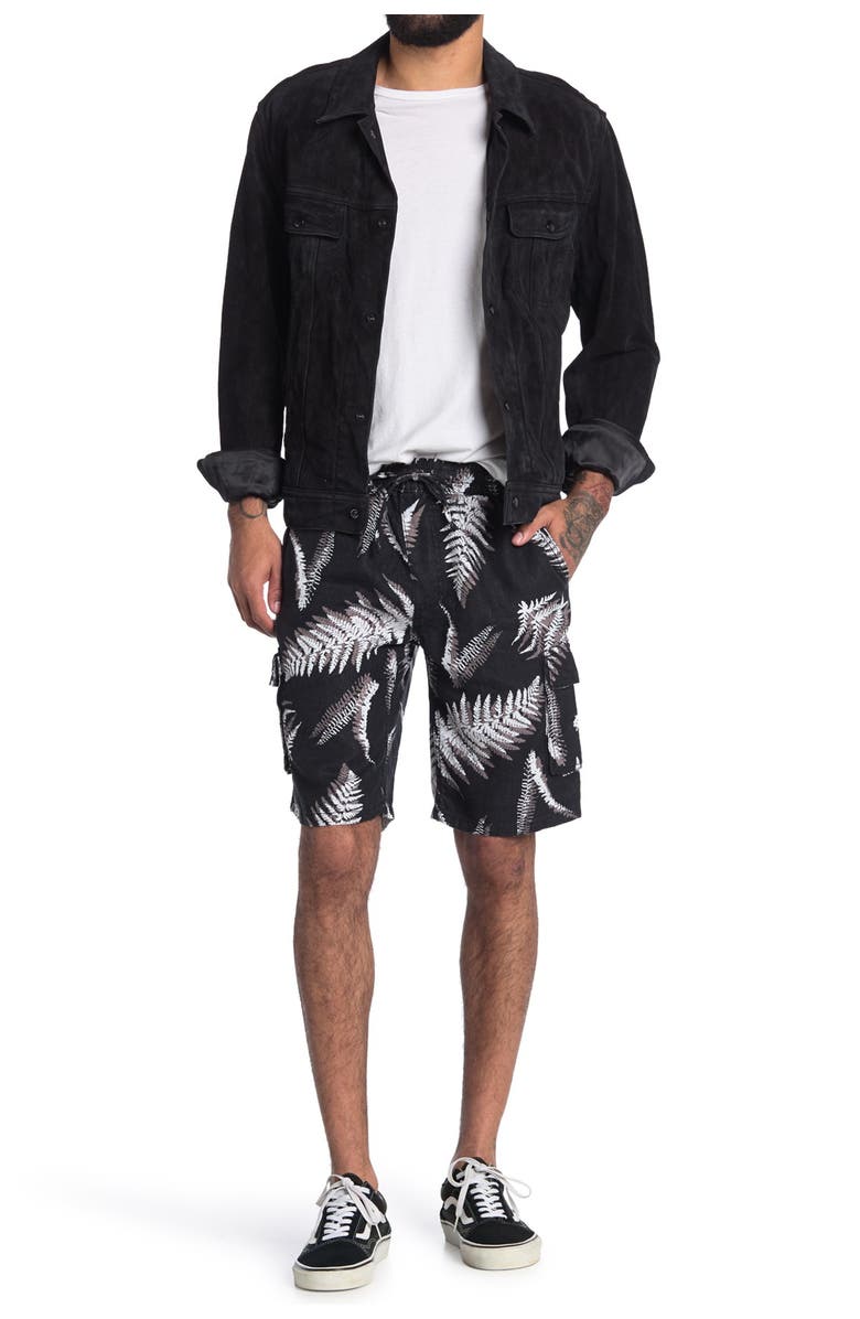 ONIA Tom Palm Print Linen Cargo Shorts, Main, color, BLACK