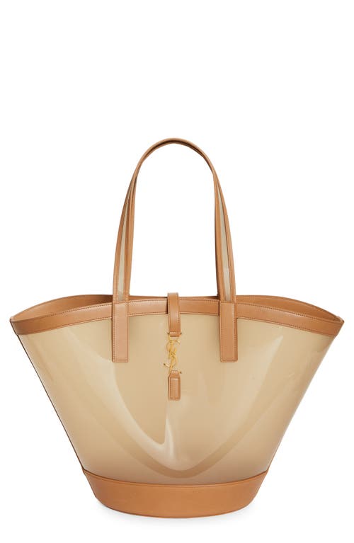 Shop Saint Laurent Panier Medium Clear Tote In Oatmilk/brown/gold