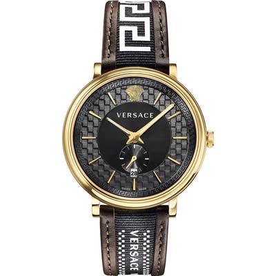 Versace V Circle Greca Leather Strap Watch, 42Mm