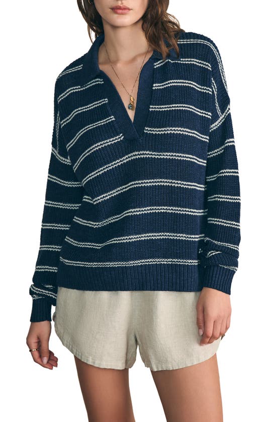 Shop Faherty Miramar Linen & Organic Cotton Polo Sweater In Navy Mystic