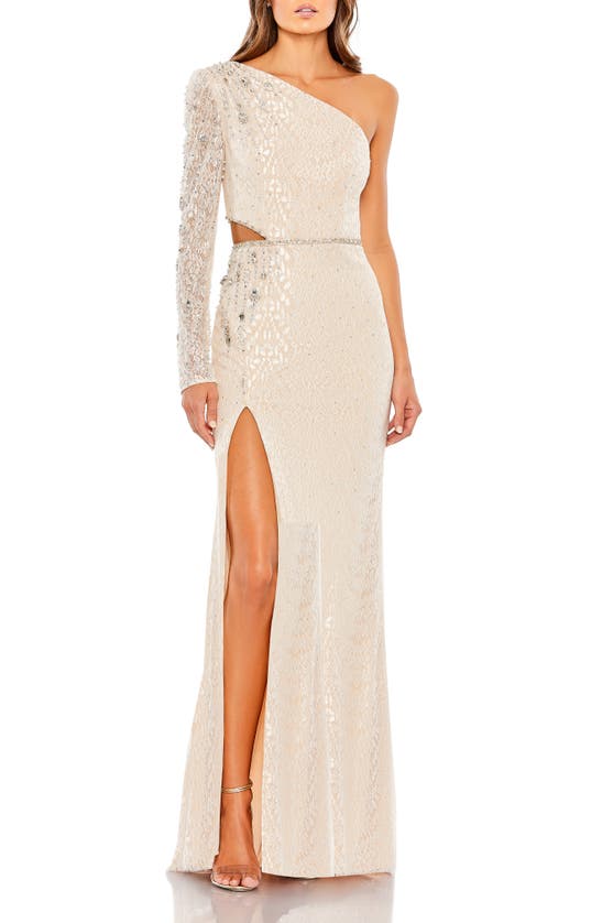 MAC DUGGAL ONE-SHOULDER BEADED LACE CUTOUT GOWN