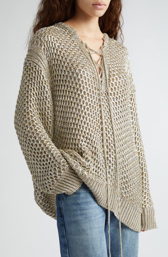 Shop Stella Mccartney Lace-up Metallic Tunic Sweater In 8945 - Silver/ Gold