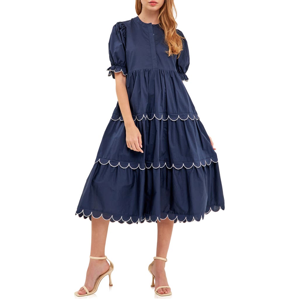 English Factory Contrast Scalloped Trim Cotton Midi Dress In Navy/white