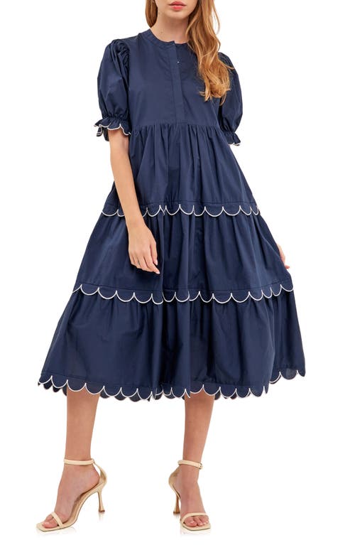 ENGLISH FACTORY ENGLISH FACTORY CONTRAST SCALLOPED TRIM COTTON MIDI DRESS 