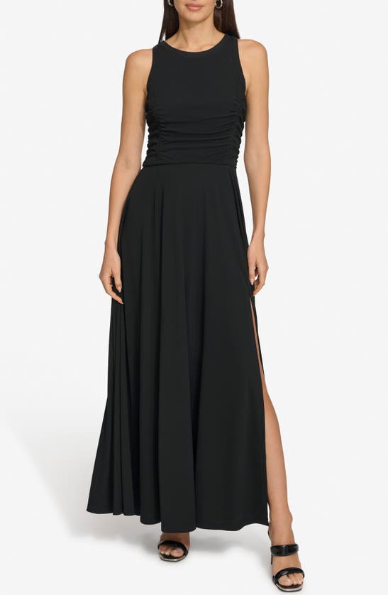 Shop Dkny Ruched Mesh Trim Sleeveless Maxi Dress In Black