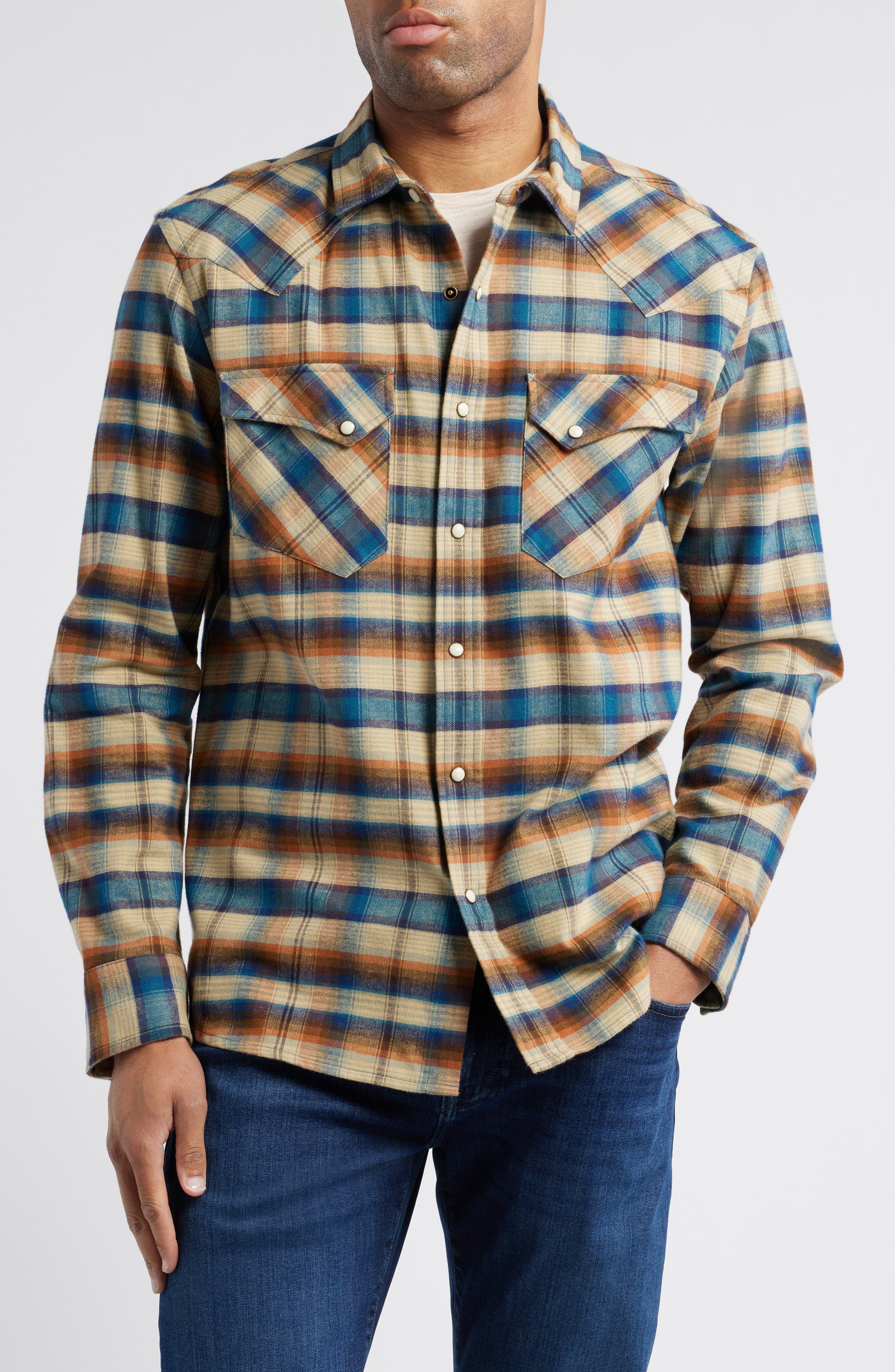 Pendleton Wyatt Plaid Cotton Snap-Up Shirt in Khaki/Brown/Blue Plaid 