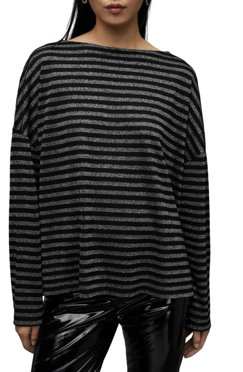 Allsaints Rita Stripe Long Sleeve Boat Neck T-shirt In Black Shimmer