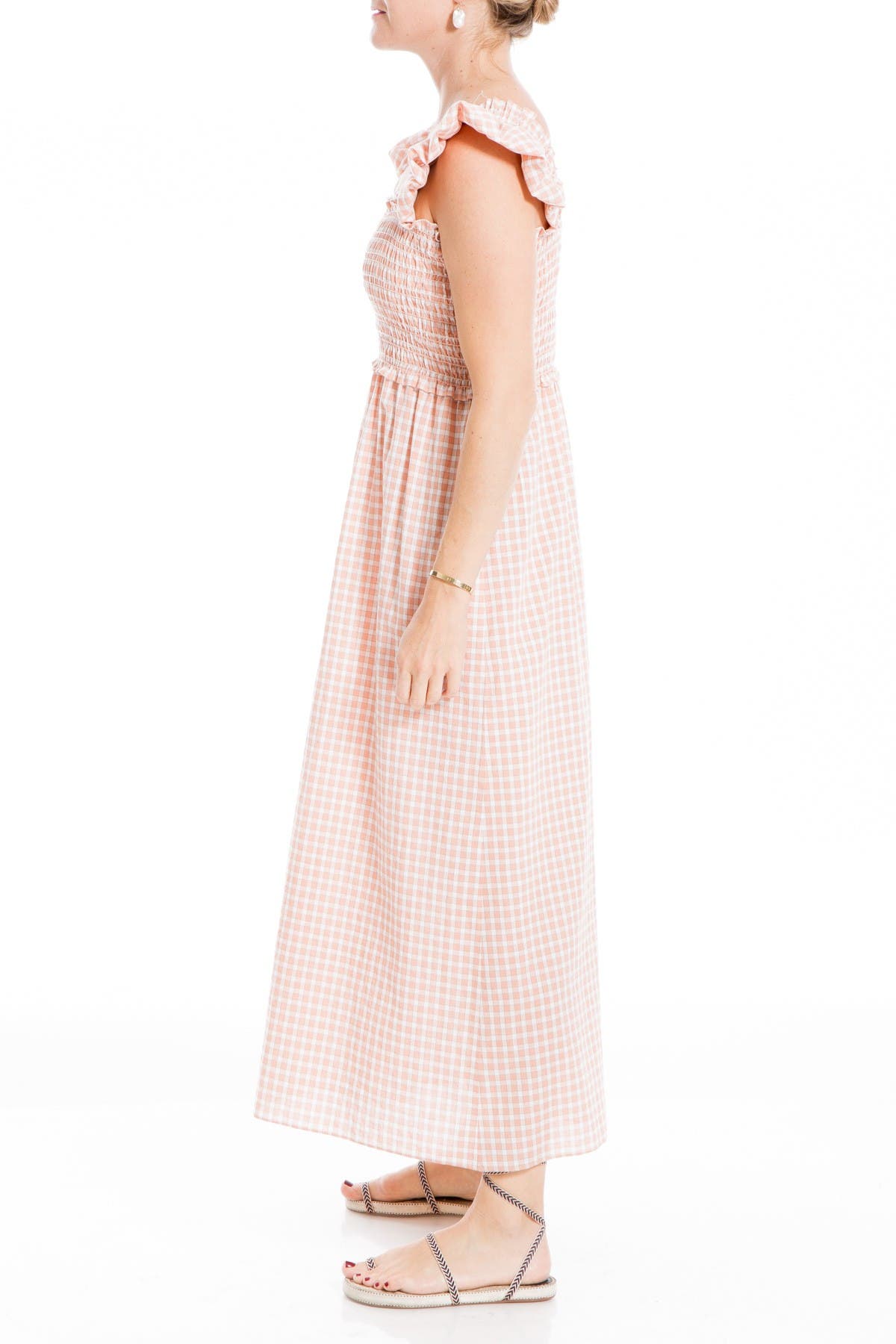 Max Studio Flutter Sleeve Smocked Gingham Maxi Dress In Yellow/ Ivory