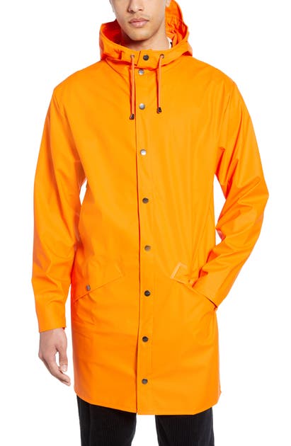 Rains Waterproof Hooded Long Rain Jacket In Fire Orange