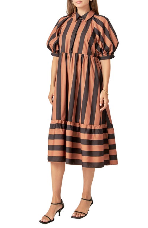 Shop English Factory Bold Stripe Puff Elbow Sleeve Shirtdress In Camel/black