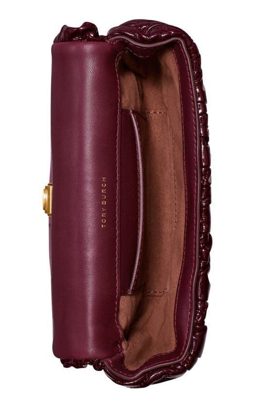 Tory Burch Mini Kira Ruched Patent Leather Shoulder Bag In Albarossa