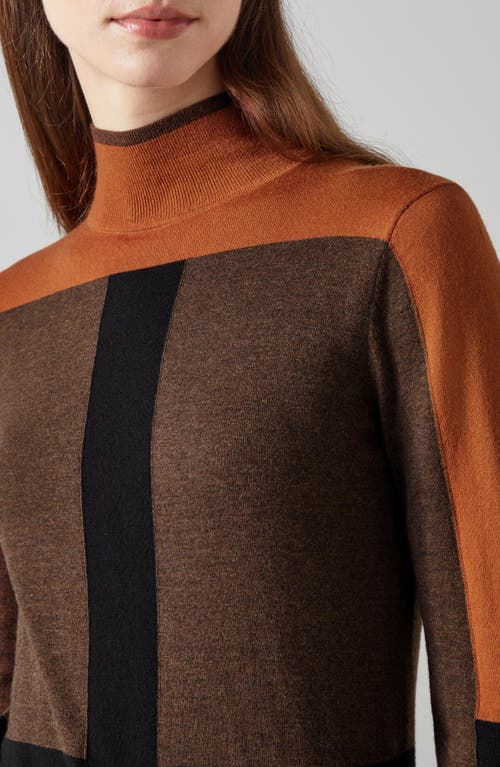 Shop Lk Bennett Selma Colorblock Merino Wool Blend Mock Neck Sweater In Brown