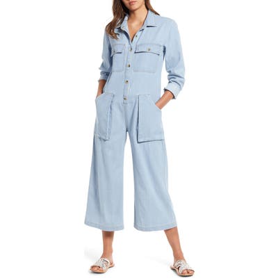 Billabong Work At It Chambray Wide Leg Crop Jumpsuit, Blue