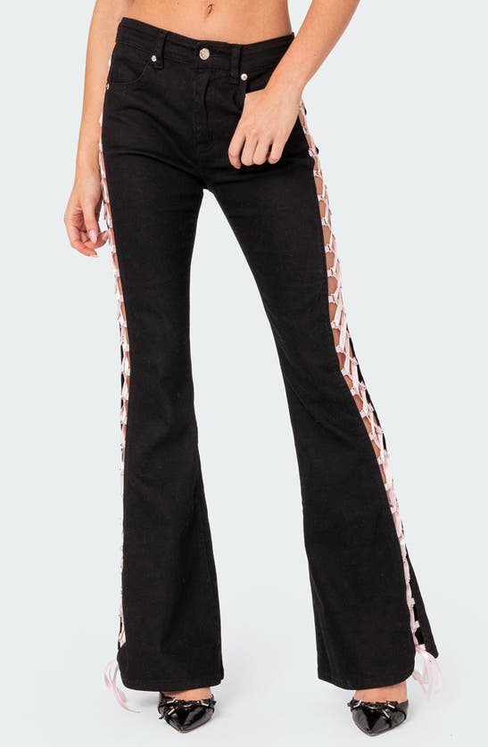 Edikted Women's Satin Lace Up Flared Jeans In Black