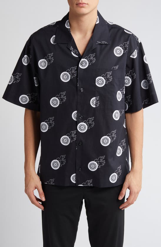 Shop Hugo Boss Hugo Egeeno Flaming Tire Print Camp Shirt In Black