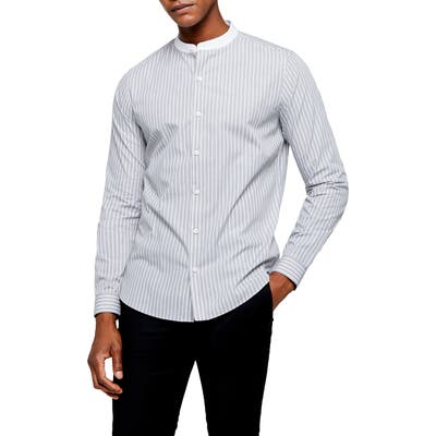 Topman Grandad Slim Fit Stripe Button-Up Band Collar Shirt, Grey