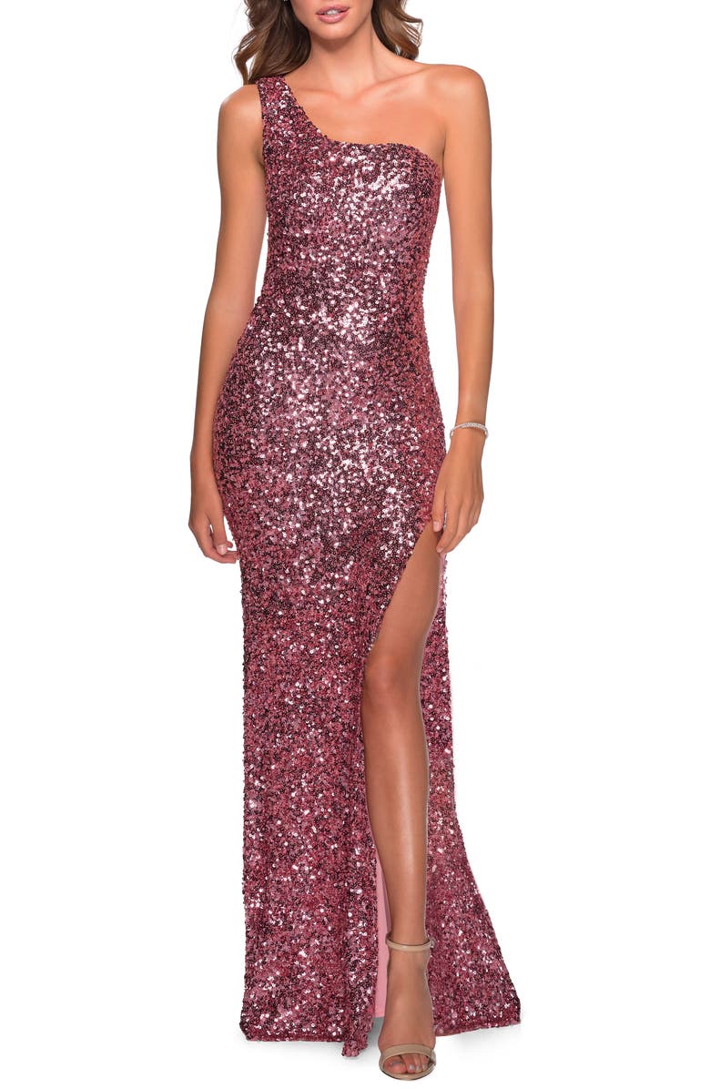 La Femme One-Shoulder Sequin Gown, Main, color, 