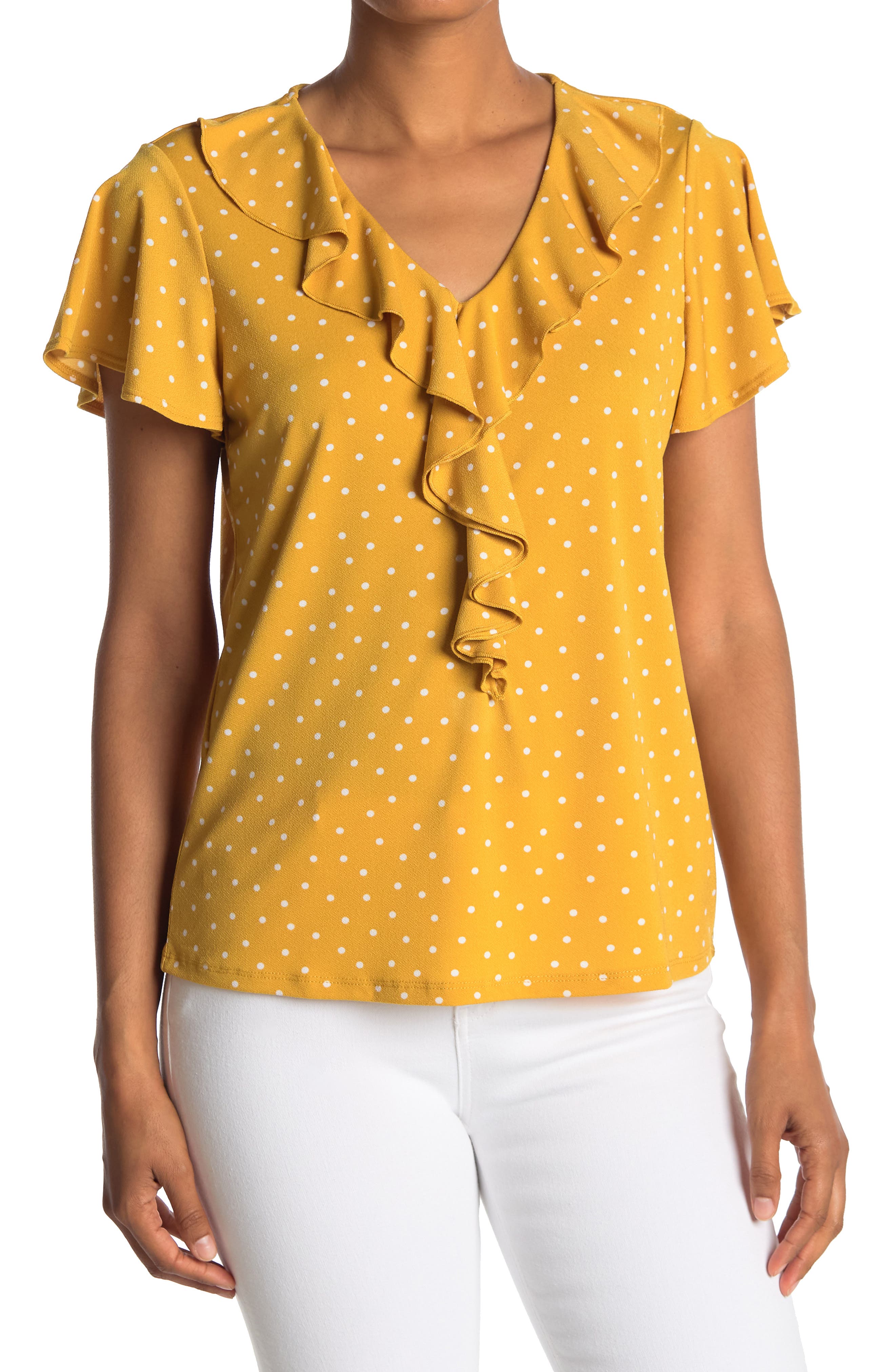 Adrianna Papell Polka Dot V-neck Flutter Sleeve Moss Crepe Top In Goldbsicdt