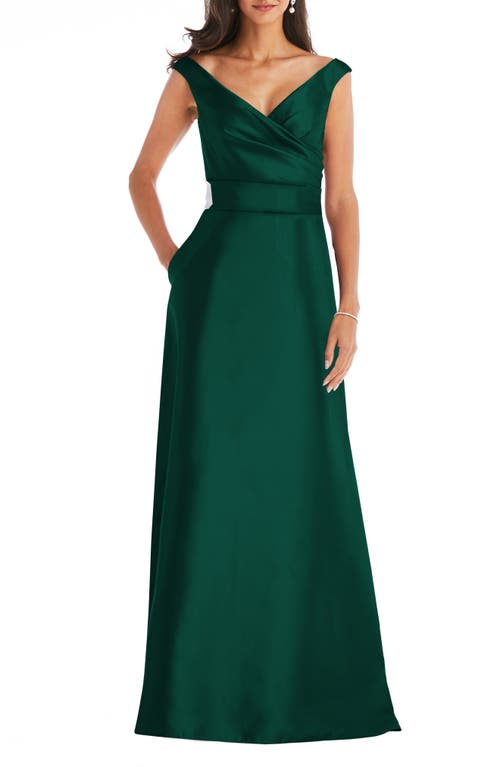 Alfred Sung Off the Shoulder Satin Gown in Hunter