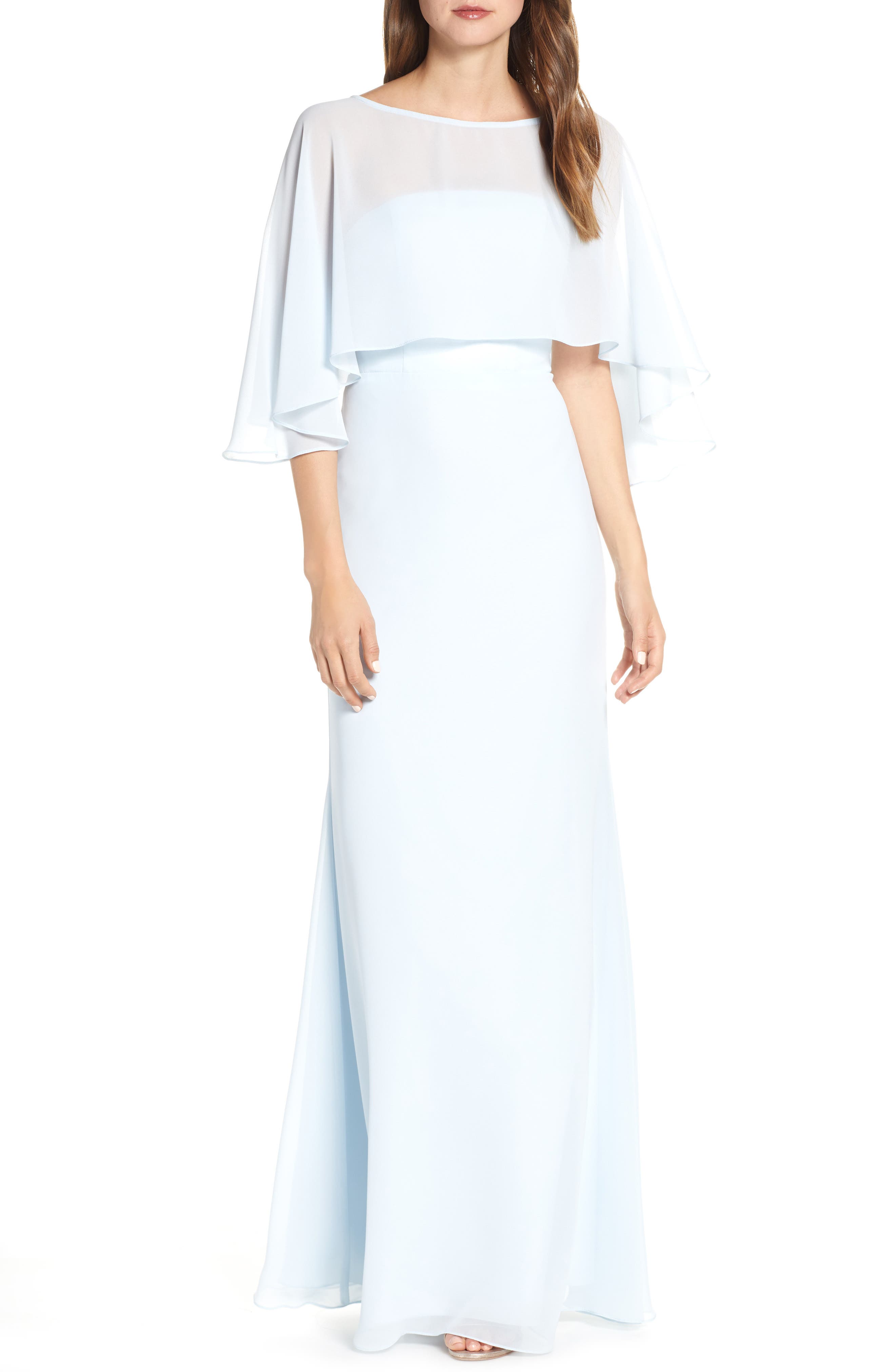 Hayley Paige Occasions Strapless Chiffon Evening Dress With Cape, Blue