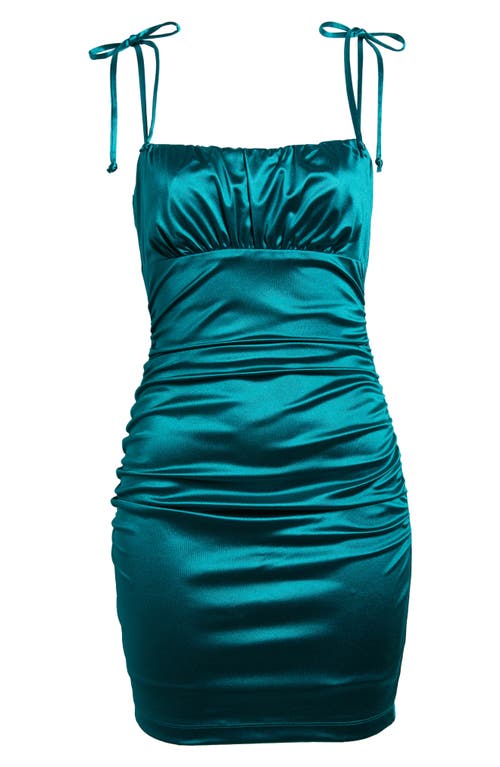 Shop Emerald Sundae Lnl Tie Shoulder Ruched Satin Minidress In Jade