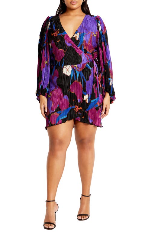 Shop City Chic Kira Floral Print Long Sleeve Plissé Faux Wrap Dress In Wild Flower