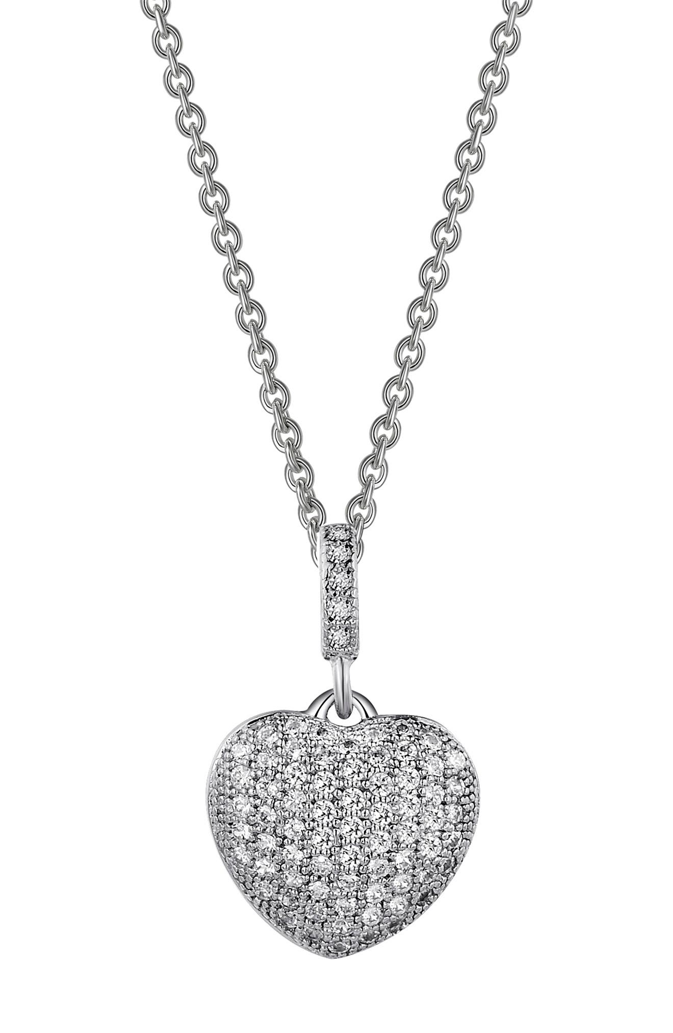 Lafonn Platinum Bonded Sterling Silver Micro Pave Heart Drop Necklace In White