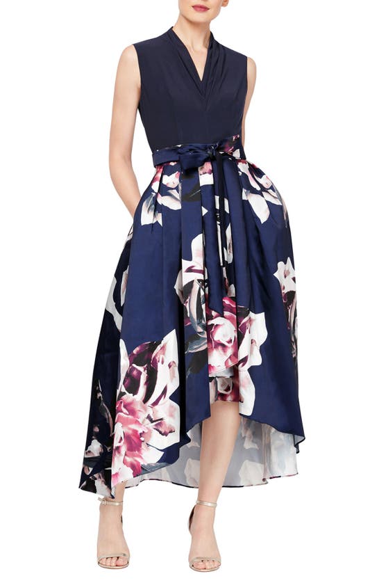 Slny Floral Pleated High/low Maxi Dress In Navy Multi