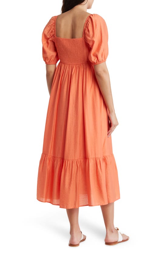 August Sky Pleated Square Neck Midi Dress In Orange