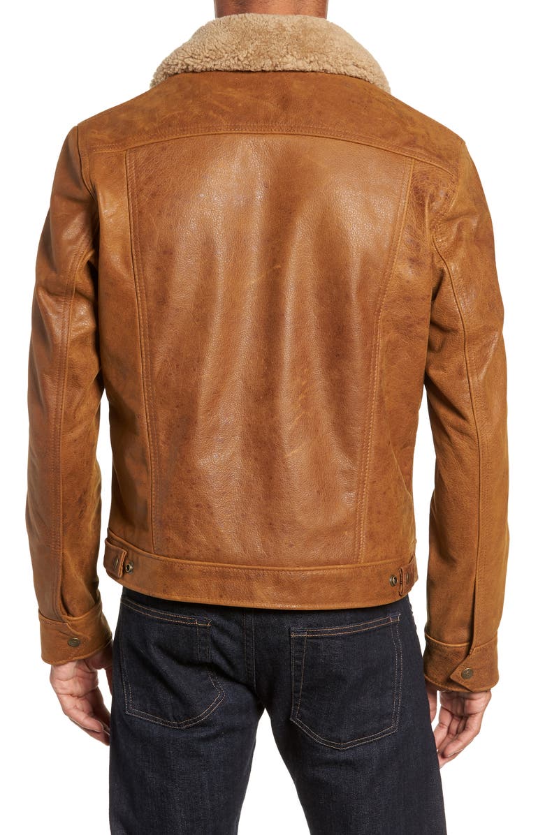 Schott NYC Leather Trucker Jacket with Genuine Sheepskin Collar, Alternate, color, Sycamore