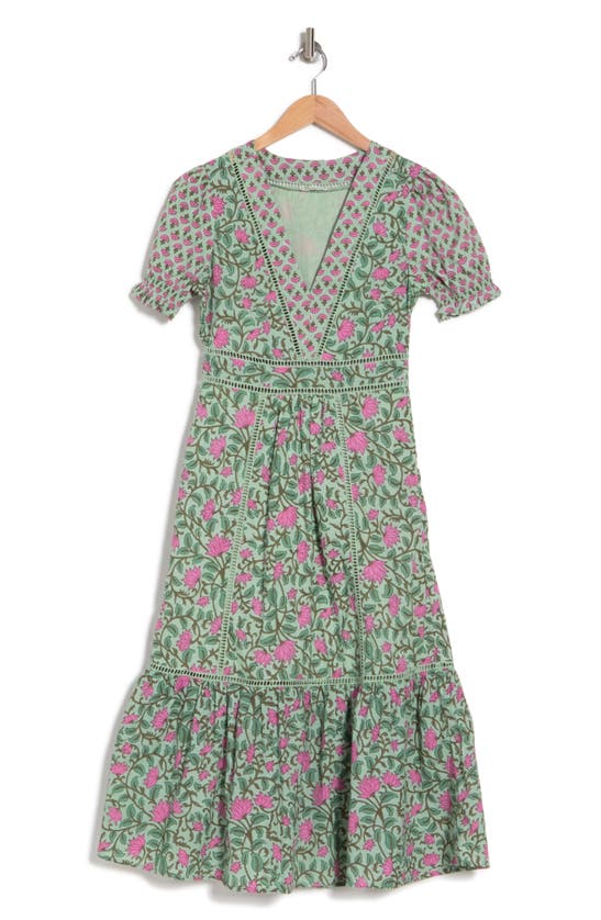 Maisie Puff Sleeve Midi Dress With Crochet Trim In Green Block
